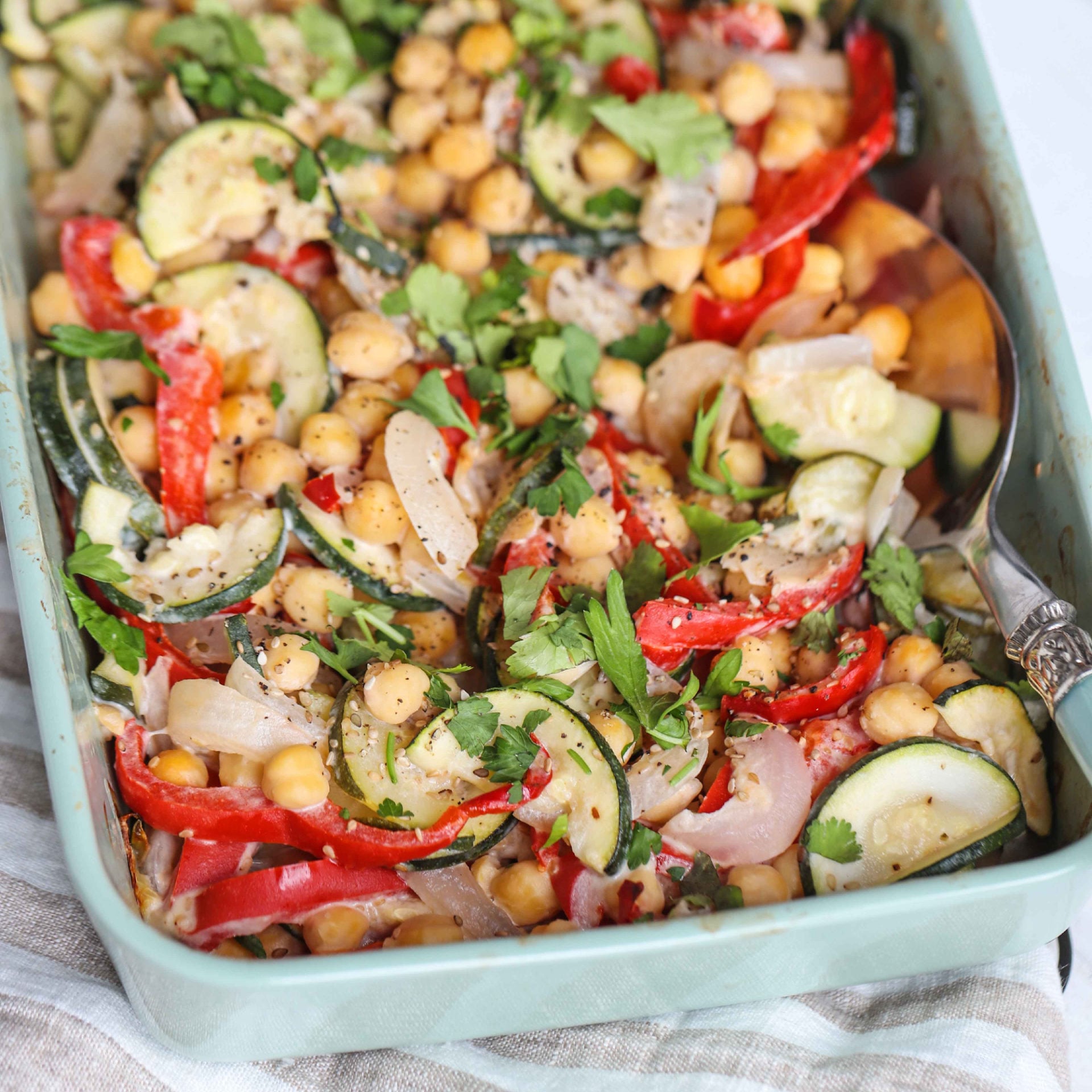 Tahini Chickpea Veggie Bake - Easy Vegan Meal Plan