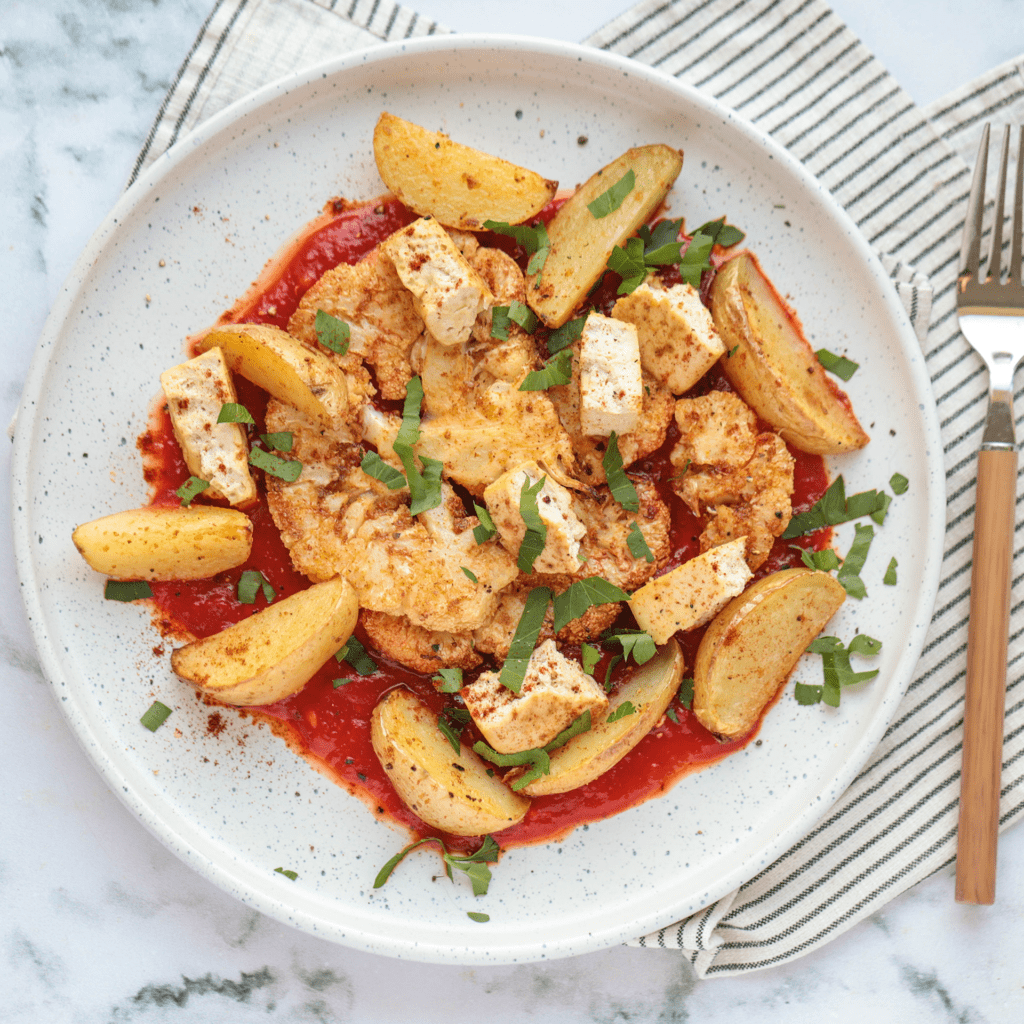 Cauliflower Steak with Roasted Red Pepper Sauce - Easy Vegan Meal Plan
